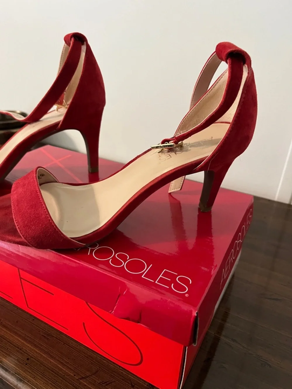 AEROSOLES Red Suede Ankle-Strap Heels - Picture 2 of 3